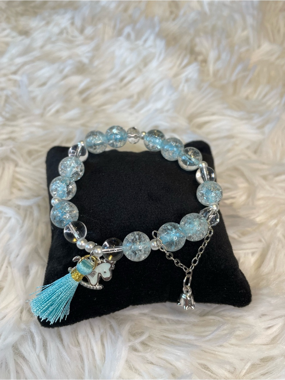 Light Blue Crackle Bead Charm Bracelet with Tassel